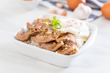 yumurta ile tepesinde pirinç Sarımsak soslu tavada kızartılmış domuz eti