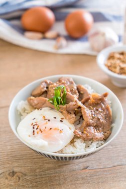 yumurta ile tepesinde pirinç Sarımsak soslu tavada kızartılmış domuz eti