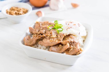 yumurta ile tepesinde pirinç Sarımsak soslu tavada kızartılmış domuz eti