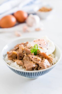 yumurta ile tepesinde pirinç Sarımsak soslu tavada kızartılmış domuz eti