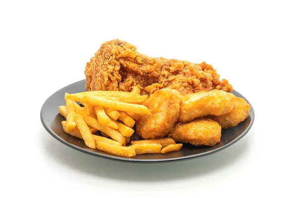 Fried chicken with french fries and nuggets meal (junk food and — Stock Photo, Image