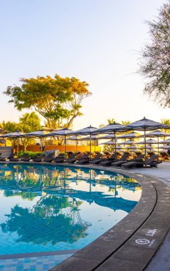 Şemsiye ve havuz yatağı otelin havuzunda.