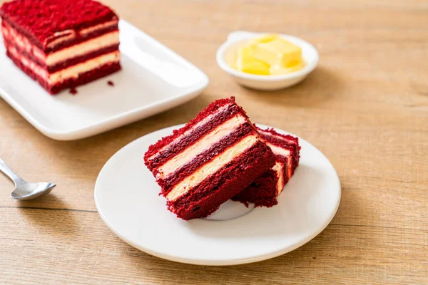 Delicious red velvet cake on plate