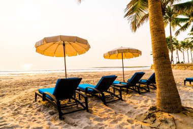 Güneş doğarken palmiye ağacı ve deniz plajı olan şemsiye koltuğu plajı - tatil ve tatil konsepti
