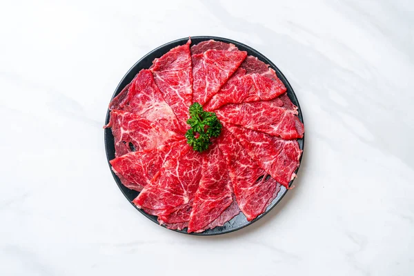 Carne Fresca Rodajas Crudas Con Textura Mármol Servida Para Sukiyaki — Foto de Stock