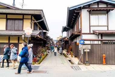 Takayama, Japonya, 12 Ocak 2020: Takayama şehrinin manzarası. Japonya 'nın küçük Kyoto' su olarak adlandırılır ve Edo döneminden beri kurulmuştur..