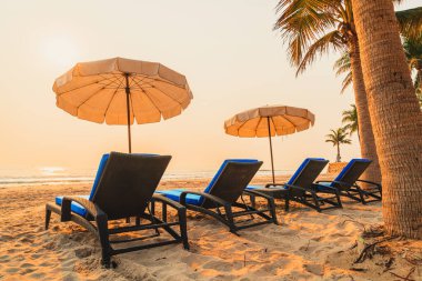 Güneş doğarken palmiye ağacı ve deniz plajı olan şemsiye koltuğu plajı - tatil ve tatil konsepti