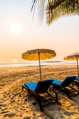 Güneş doğarken palmiye ağacı ve deniz plajı olan şemsiye koltuğu plajı - tatil ve tatil konsepti