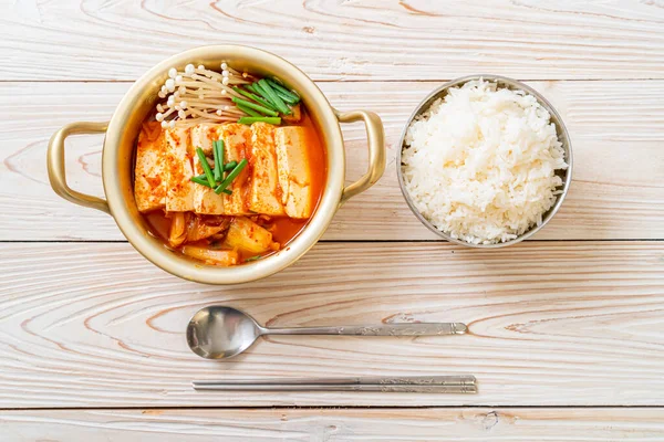 Sopa Kimchi Com Tofu Ovo Ensopado Coreano Kimchi Estilo Tradicional — Fotografia de Stock