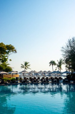 Seyahat ve tatil konsepti için otel tatil beldesinde yüzme havuzunda şemsiyesi ve sandalyesi olan güzel tropik plaj ve deniz.