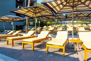 Şemsiye ve sandalye oteldeki yüzme havuzunda ve güneşli bir tatil köyünde.