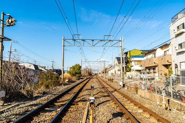 Ferrovia Japonesa Com Trem Local Atravessado Com Kyoto City — Fotografia de Stock