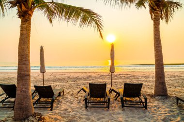 Güneş doğarken palmiye ağacı ve deniz plajı olan şemsiye koltuğu plajı - tatil ve tatil konsepti