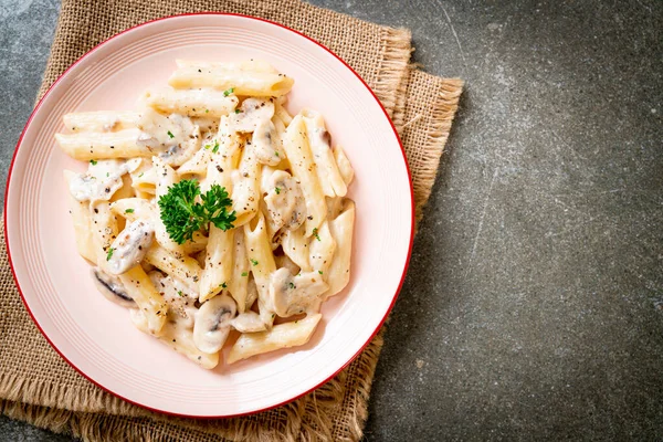 Penne Pasta Carbonara Cream Sauce Mushroom Italian Food Style — Stock Photo, Image