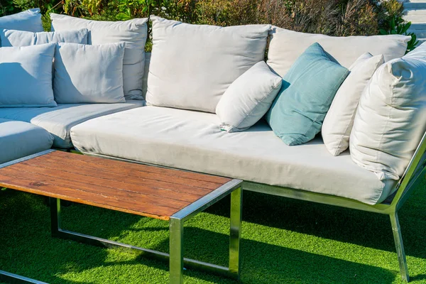 Comfortable Pillows Outdoor Patio Chair Table Garden — Stock Photo, Image