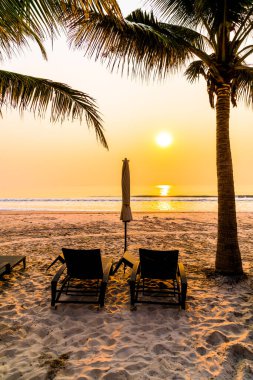 Güneş doğarken palmiye ağacı ve deniz plajı olan şemsiye koltuğu plajı - tatil ve tatil konsepti