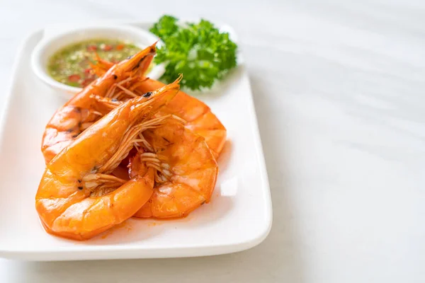 Baked Salted Shrimps Prawns Seafood Spicy Sauce Seafood Style — Stock Photo, Image