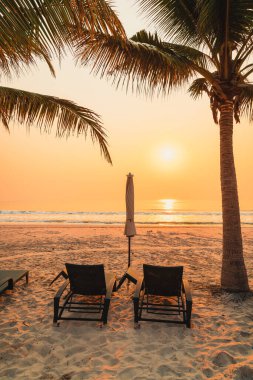 Güneş doğarken palmiye ağacı ve deniz plajı olan şemsiye koltuğu plajı - tatil ve tatil konsepti