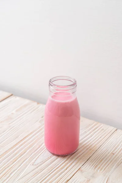 Pink Milk Strawberry Milk Bottle Wood Background — Stock Photo, Image