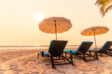 Güneş doğarken palmiye ağacı ve deniz plajı olan şemsiye koltuğu plajı - tatil ve tatil konsepti