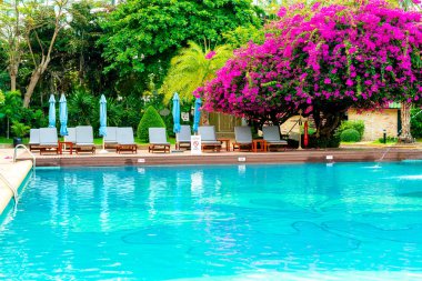 Sandalye havuzu ya da yüzme havuzu etrafında şemsiye olan yatak havuzu