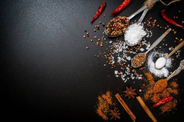 Siyah arkaplanda kaşık ve kopyalama alanı olan baharatlar ve otlar.