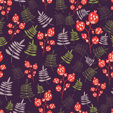 Vektör orman tasarımı, berry ve yaprak çocukça tarzı ile çiçek seamless modeli.