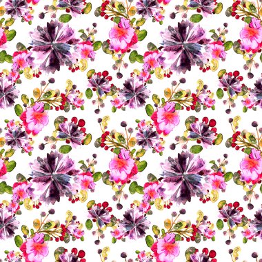 Suluboya çiçek desenli. Beyaz arka plan üzerinde mor ve Pembe buket ile sorunsuz.