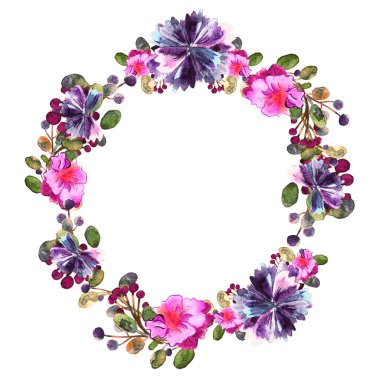 Çiçek çerçeve. Renkli çiçek koleksiyonu yaprak ve çiçek, suluboya çizim ile.