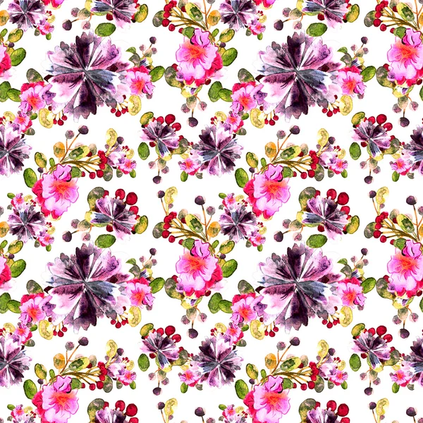 Akwarela, kwiatowy wzór. Bezszwowe z fioletowy i różowy bukiet na białym tle. — Zdjęcie stockowe