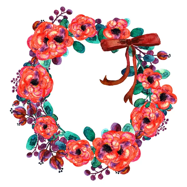 Moldura de flores. Coleção floral colorido com folhas e flores vermelhas, desenho aquarela. vintage — Fotografia de Stock