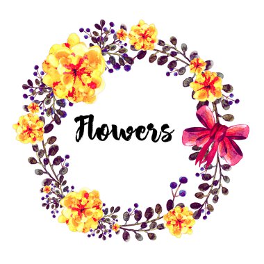 El suluboya çiçek yuvarlak çerçeve çizilmiş. Kırmızı yay ile. Öğe tasarım davetiye, afiş, tebrik kartı doğum günü, anneler günü için.