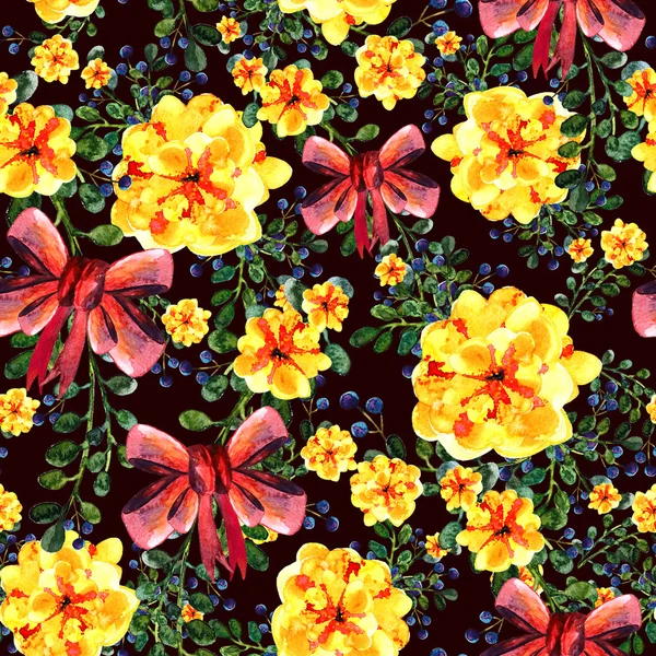 Безшовний візерунок з букетами літніх квітів. Акварельна ілюстрація. І червоний лук — стокове фото