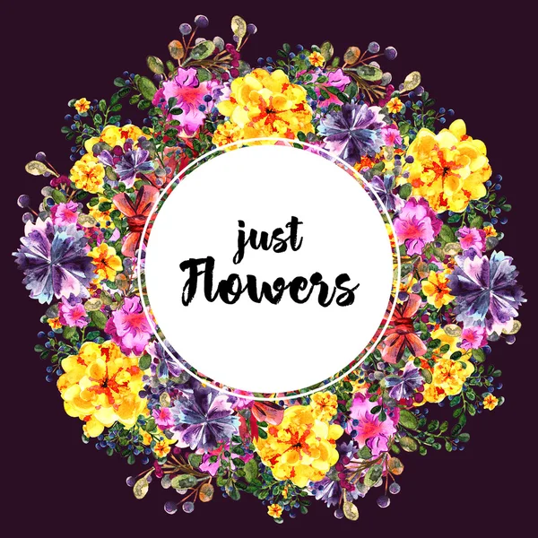 Piros, sárga és kék virágok íjak. Akvarell kerek botanikai illusztráció. Üdvözlőkártya vagy pályázati keret — Stock Fotó