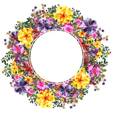 Sarı ve mavi çiçek, kırmızı yay. Sulu Boya yuvarlak botanik illüstrasyon. Tebrik kartı ve davetiye için çerçeve