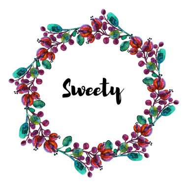 Vektör suluboya çerçevede. Kırmızı dut ve beyaz zemin üzerine yeşil yaprakları ile