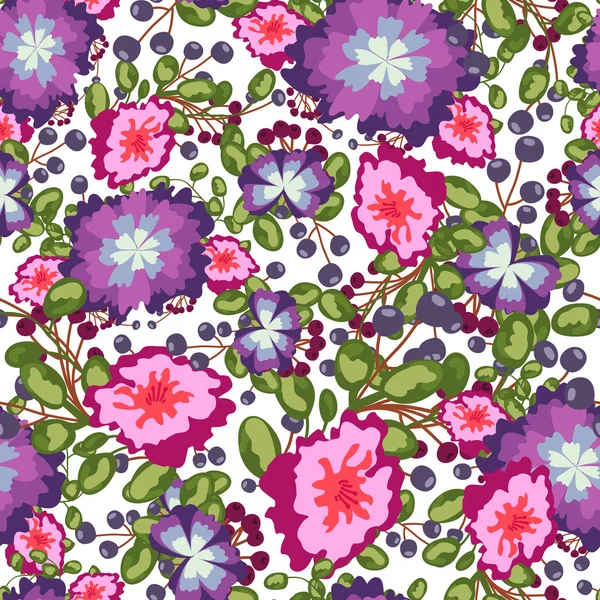 小さな花束ピンクとブルーの花のシームレスなパターンは、緑紫の果実を残します。ベクトルの白い背景の上に印刷. — ストックベクタ