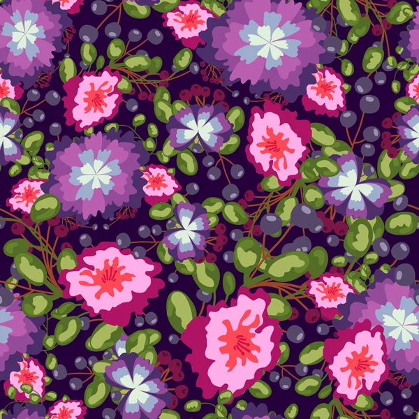 Naadloze patroon van kleine boeketten roze en blauwe bloemen, violette bessen groene bladeren. vector afdrukken op achtergrond. — Stockvector