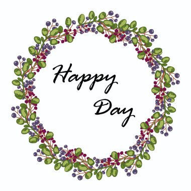 Çiçek çerçeve. Yeşil yaprakları ve mavi pembe çiçekler, kırmızı mor meyveler suluboya çizim ile renkli çiçek toplama. Vektör