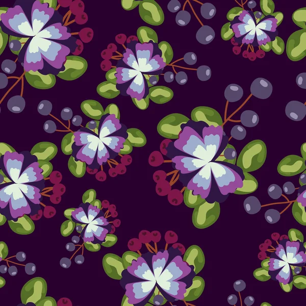 Pattern with blue flowers, berries and leaves on violet background in vector . can be used like patter for wrapping paper or textile, greeting cards — ストックベクタ