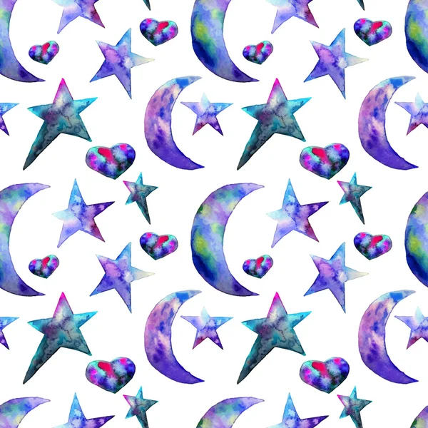 Seamless pattern of Colorful watercolor star and moon icon. Vector illustration on white background. Blue violet. Isolated. Hand-drawn — Stockový vektor