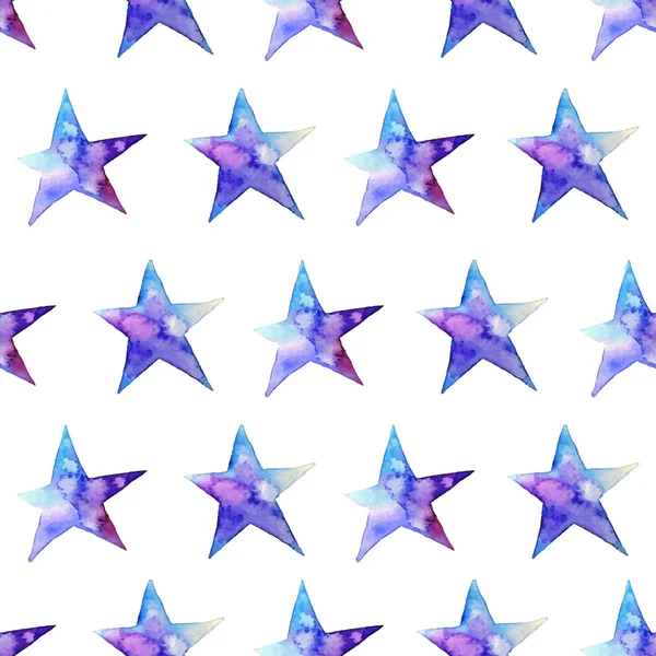 Seamless mönster av färgglada akvarell stjärnikonen. Vektorillustration på vit bakgrund. Blå och violett. Isolerade. Handritade — Stock vektor