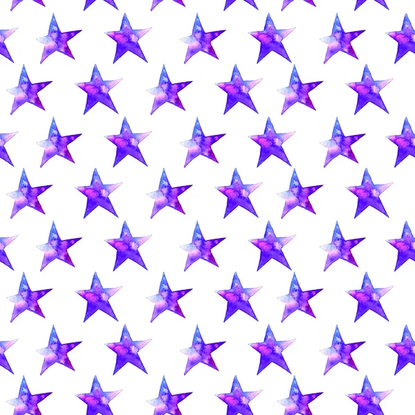 Patrón sin costuras de colorido icono estrella de acuarela. ilustración sobre fondo blanco. Azul y violeta. Aislado. Dibujado a mano — Foto de Stock