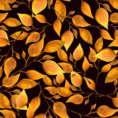 Portakal ile Seamless suluboya modeli koyu kırmızı zemin üzerine yapraklar. Sonsuz resmi çizilmiş. Çiçek duvar kağıdı sonbahar bitki