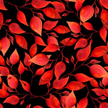 Kırmızı ile Seamless suluboya modeli koyu arka plan üzerinde yapraklar. Sonsuz resmi çizilmiş. Çiçek duvar kağıdı sonbahar bitki