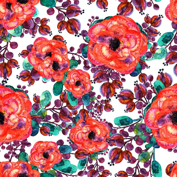 Ακουαρέλα απρόσκοπτη pattern με τριαντάφυλλο και φύλλα. Κόκκινα λουλούδια πράσινα φύλλα, σε λευκό φόντο. Floral ατελείωτες έργο τέχνης. Χέρι όμορφο εκτύπωσης — Φωτογραφία Αρχείου