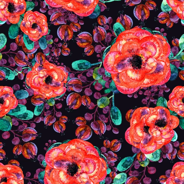 Watercolor seamless pattern with rose and leaf. Red flowers green leaves, On dark blue background. Floral endless artwork. Hand-drawn beautiful print