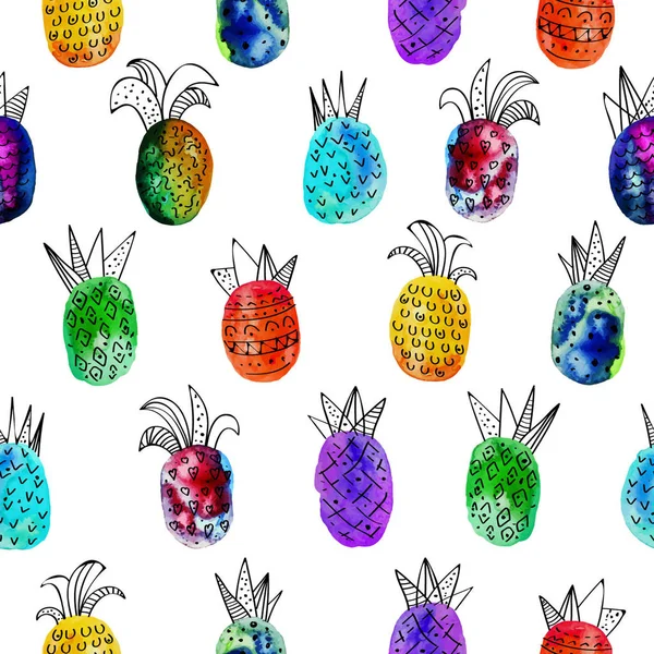 Vector akvarell sömlösa mönster med färgglada rainbow pinapple och svart handritade element. På vit bakgrund. Kreativ design. Modern stil. Röd, grön, gul, orange färg — Stock vektor