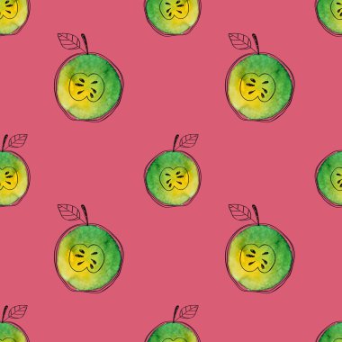 Vektör suluboya yeşil elma siyah çizilmiş elemanları ile Seamless modeli. Kontrast pembe arka plan üzerinde. Gruplandırılmış ve izole. Modern tasarım. Yaratıcı tarzı.