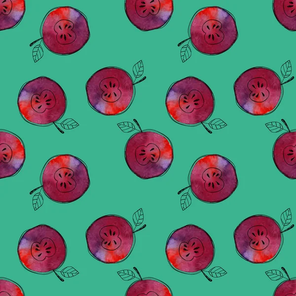 黒手描きの要素を持つ水彩画の赤いリンゴのシームレスなパターンをベクトル。ブルーのコントラストの背景。グループ化し、分離されました。モダンなデザイン。クリエイティブ スタイル. — ストックベクタ